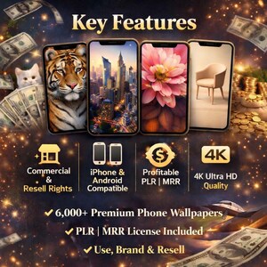 May include: A digital collection of 6,000+ premium phone wallpapers featuring four smartphone displays showing a tiger, a city skyline, a pink flower, and a chair. Includes commercial, resell, PLR, and MRR rights in 4K Ultra HD quality.