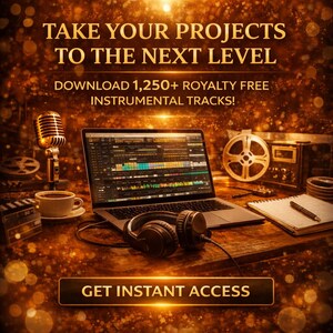 May include: A promotional image with the text "TAKE YOUR PROJECTS TO THE NEXT LEVEL" and "DOWNLOAD 1,250+ ROYALTY FREE INSTRUMENTAL TRACKS!". The image features a laptop, headphones, a microphone, and a coffee cup, suggesting music production.