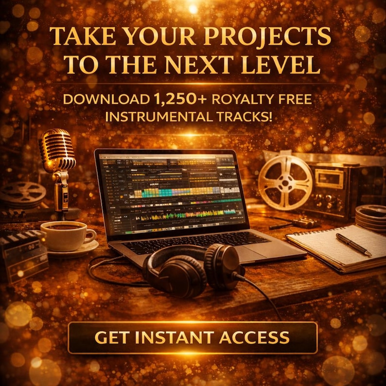 May include: A promotional image with the text "TAKE YOUR PROJECTS TO THE NEXT LEVEL" and "DOWNLOAD 1,250+ ROYALTY FREE INSTRUMENTAL TRACKS!". The image features a laptop, headphones, a microphone, and a coffee cup, suggesting music production.