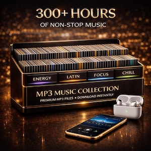 May include: An MP3 music collection with the text "300+ HOURS OF NON-STOP MUSIC." The collection is in a black and gold box with labeled categories: Energy, Latin, Focus, and Chill. A smartphone and wireless earbuds are also in the image.