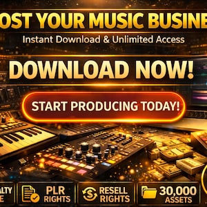 May include: A promotional image with the text "BOOST YOUR MUSIC BUSINESS!" and "DOWNLOAD NOW!". It features music production equipment, a laptop displaying audio waveforms, and a stack of cash. The image promotes instant downloads and unlimited access.