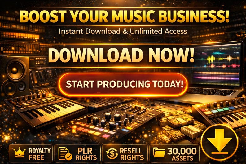 May include: A promotional image with the text "BOOST YOUR MUSIC BUSINESS!" and "DOWNLOAD NOW!". It features music production equipment, a laptop displaying audio waveforms, and a stack of cash. The image promotes instant downloads and unlimited access.