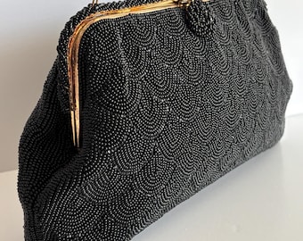 Vintage Französische Perlen Abendtasche Schwarze Clutch Made in France