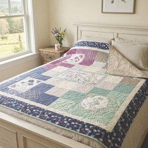 May include: A patchwork quilt with floral and geometric patterns in shades of blue, purple, and green, displayed on a bed. The quilt features embroidered details and a floral border. The bed frame is painted white.