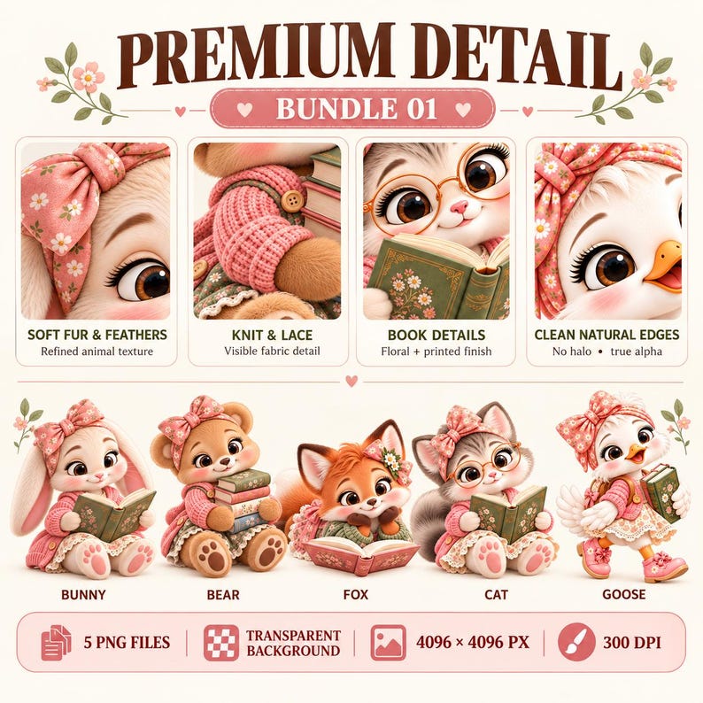 Little Readers Animals Bundle CLIPART PNG, 5 Bookish Animal, Nursery ...