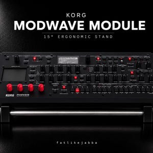 May include: A black Korg Modwave Module synthesizer resting on a 15-degree ergonomic stand. The device features a black control panel with numerous knobs, buttons, a small display screen, and four prominent red knobs. Text reads KORG MODWAVE MODULE.