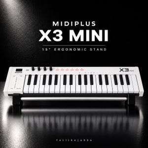 May include: A white MIDI keyboard controller with black keys, labeled MIDIPLUS X3 MINI, featuring a 15-degree ergonomic stand. The device includes a small display, control knobs, and buttons on the top panel, set against a dark background.