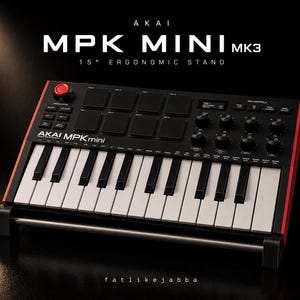 May include: Black and red Akai MPK Mini MK3 keyboard with white keys, black pads, and control knobs. The keyboard has a 15-degree ergonomic stand. The text "AKAI MPK MINI MK3" is displayed at the top.