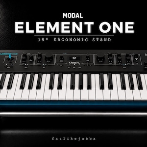 May include: A black and blue Modal Element One synthesizer keyboard with white and black keys, multiple control knobs, and a small display screen. The device is mounted on a 15-degree ergonomic stand with a silver horizontal support bar.