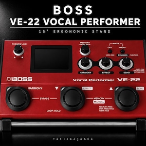 May include: A red Boss VE-22 Vocal Performer unit featuring a central display screen, three large circular footswitches labeled Harmony, Effect, and Echo, and several control knobs. The device includes text labels for various functions and settings.