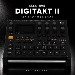 May include: A black Elektron Digitakt II drum machine and sampler mounted on a 15-degree ergonomic stand. The device features a central screen, numerous black knobs, a grid of sixteen numbered buttons, and orange function keys on a dark chassis.