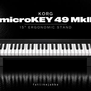 May include: A black Korg microKEY 49 MkII MIDI keyboard controller featuring 49 white and black keys, two circular control knobs, and two buttons on the left side. The device is mounted on a 15-degree ergonomic stand, with text displayed above.