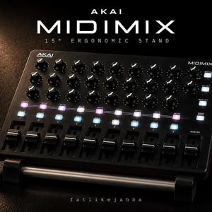 May include: Black Akai MIDIMIX with 15-degree ergonomic stand. Features numerous knobs, faders, and illuminated buttons. The text "AKAI MIDIMIX 15° ERGONOMIC STAND" is displayed at the top. The product is designed for music production and mixing.