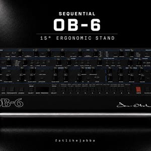 May include: A black Sequential OB-6 synthesiser resting on a 15-degree ergonomic stand. The unit features numerous black knobs, buttons, and blue line accents, with wooden side panels and the text Sequential OB-6 15-degree ergonomic stand.
