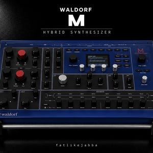 May include: A blue Waldorf M hybrid synthesizer featuring a black control panel with numerous black knobs, two prominent red knobs, a central digital display screen, and silver adjustment dials. The unit displays the text Waldorf M Hybrid Synthesizer.