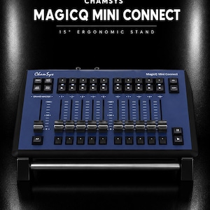 May include: A blue Chamsys MagicQ Mini Connect lighting console featuring a 15-degree ergonomic stand. The device includes ten vertical faders, multiple black push buttons labelled with various functions, and a metallic horizontal bar at the base.