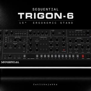 Può includere: Un sintetizzatore Sequential Trigon-6 nero posizionato su un supporto ergonomico a 15 gradi. L'unità presenta numerosi pomelli, pulsanti e cursori neri, con pannelli laterali in legno chiaro e una barra orizzontale argentata alla base.