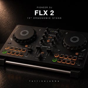 May include: Black Pioneer DJ FLX 2 DJ controller with orange and green illuminated buttons and knobs. The controller has two large circular jog wheels and a 15-degree ergonomic stand. The text "Pioneer DJ FLX 2" is displayed at the top.