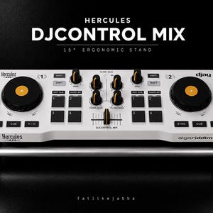 May include: A white Hercules DJControl Mix DJ controller featuring two black jog wheels with orange centers, multiple black control knobs, performance pads, and sliders. The device is mounted on a 15-degree ergonomic stand and displays the text Hercules DJControl Mix and algoriddim.