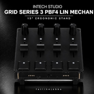 May include: Intech Studio Grid Series 3 PBF4 LIN MECHAN 15° ergonomic stand. A black MIDI controller featuring four rotary knobs, four linear faders, and four square buttons arranged in a grid. The device is mounted on a stand at a 15-degree angle.