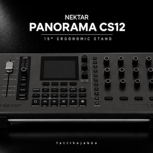May include: A dark gray Nektar Panorama CS12 music production controller featuring a central display screen, a motorized fader, multiple rotary knobs, and various transport control buttons. The unit is mounted on a 15-degree ergonomic stand.