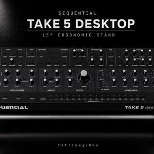 May include: A black Sequential Take 5 Desktop synthesiser featuring numerous knobs, buttons, and switches for sound modulation. The unit is mounted on a 15-degree ergonomic stand and displays the text Sequential Take 5 Desktop.