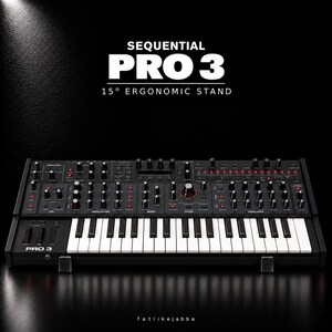 May include: A black 15° ergonomic stand for a Sequential Pro 3 synthesiser. The stand features a sleek, angled design to elevate the keyboard, with the text "SEQUENTIAL PRO 3 15° ERGONOMIC STAND" displayed prominently above the instrument.