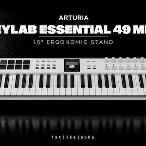 May include: A white Arturia Keylab Essential 49 MK3 MIDI keyboard controller with black keys, drum pads, faders, and knobs, mounted on a 15-degree ergonomic stand. The text Arturia Keylab Essential 49 MK3 15-degree ergonomic stand is visible.