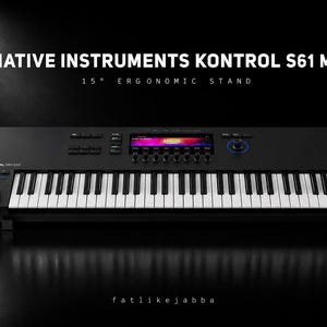 May include: A black Native Instruments Kontrol S61 MK3 keyboard controller featuring a central color display, multiple control knobs, and a 15-degree ergonomic stand. The unit includes white and black keys, pitch and modulation wheels, and text.