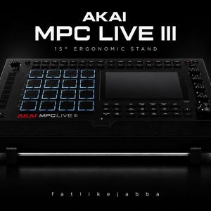 May include: A black Akai MPC Live III music production center with a 15-degree ergonomic stand. The device features a grid of illuminated pads, a screen, and various knobs and buttons. The text "AKAI MPC LIVE III" is displayed at the top.