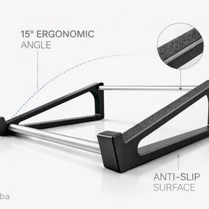 Puede incluir: Un soporte negro para port&aacute;til con dos marcos laterales triangulares conectados por dos barras met&aacute;licas plateadas. El soporte cuenta con un &aacute;ngulo ergon&oacute;mico de 15&deg; y una superficie antideslizante. El texto fatlikejabba es visible abajo.