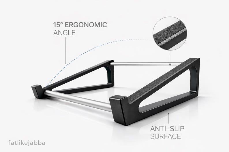 Puede incluir: Un soporte negro para port&aacute;til con dos marcos laterales triangulares conectados por dos barras met&aacute;licas plateadas. El soporte cuenta con un &aacute;ngulo ergon&oacute;mico de 15&deg; y una superficie antideslizante. El texto fatlikejabba es visible abajo.
