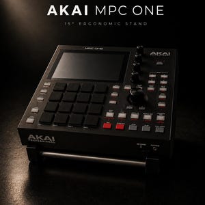 Op de afbeelding: Een zwarte Akai MPC One muziekproductiecenter met een ergonomische standaard van 15 graden. Het apparaat heeft een scherm, knoppen, pads en knoppen. De tekst "AKAI MPC ONE" en "AKAI PROFESSIONAL" zijn zichtbaar.