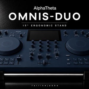 May include: A dark blue AlphaTheta OMNIS-DUO DJ controller featuring a central screen, two jog wheels, multiple knobs, faders, and buttons. The device is mounted on a 15° ergonomic stand, with the text AlphaTheta OMNIS-DUO 15° ERGONOMIC STAND visible above.