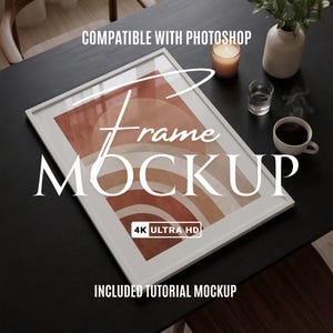 White Frame Flatlay Mockup, Dark Table Scene, Smart Object PSD, Poster Preview, Artwork Showcas