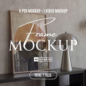 May include: A framed art print with a geometric design in shades of black, brown, and beige. The frame is light brown. A silver metal lamp sits on a dark gray shelf. Text on the image reads "Frame MOCKUP" and "4K ULTRA HD".