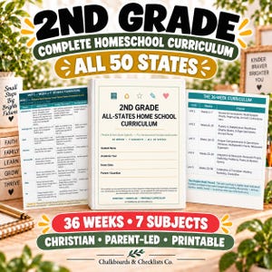 Könnte beinhalten: Ein Homeschooling-Lehrplan-Set für die 2. Klasse mit einem zentralen Ordner mit weißem Einband, beschriftet mit 2nd Grade All-States Home School Curriculum, flankiert von zwei Informationsblättern zu einem 36-wöchigen Lehrplan mit 7 Fächern.