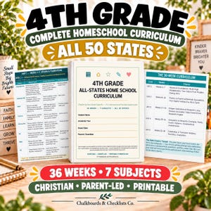 Könnte beinhalten: Ein 4.-Klasse-Heimschul-Lehrplan-Set mit einem zentralen Ordner, der den Titel 4th Grade All-States Home School Curriculum trägt, flankiert von zwei Informationsblättern, die einen 36-Wochen-Plan, 7 Fächer und alle 50 Bundesstaaten auflisten.