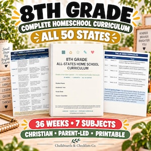 May include: A white binder titled 8th Grade All-States Home School Curriculum, flanked by two informational sheets detailing a 36-week, 7-subject programme. The cover features icons, fields for student information, and the text Chalkboards & Checklists Co.
