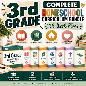 Könnte beinhalten: Ein 3rd Grade Homeschool Curriculum Bundle mit einem großen grünen Ordner und acht kleineren Büchern, beschriftet mit Language Arts, Math, Science, History & SS, Art, Bible und PE. Der Text enthält 36-Week Plans und Arizona ESA Approved.