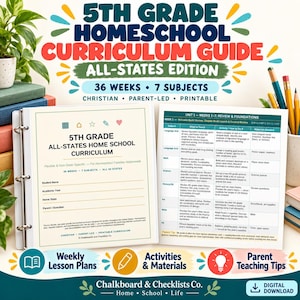 May include: A 5th Grade Homeschool Curriculum Guide All-States Edition binder with a cover page titled 5th Grade All-States Home School Curriculum and an open page displaying a weekly lesson plan table for subjects including language arts and math.