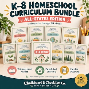 May include: A K-8 Homeschool Curriculum Bundle All-States Edition featuring nine grade-level guides from Kindergarten through 8th grade. Each guide has a unique illustration and text. Includes icons for parent-led learning and flexible planning.