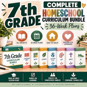 May include: A 7th Grade Homeschool Curriculum Bundle featuring a main green book and seven smaller colorful books labeled Language Arts, Math, Science, History & SS, Art, Bible, and PE. The text includes 36-Week Plans and All Subjects.