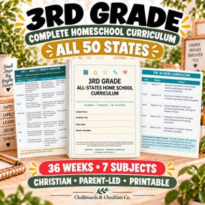 May include: A 3rd grade homeschool curriculum binder with a white cover featuring the text 3rd Grade All-States Home School Curriculum, flanked by two informational charts detailing a 36-week schedule, 7 subjects, and all 50 states.