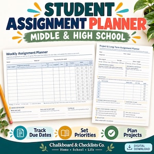 Student Assignment Planner Printable for Middle and High School, Weekly Homework Tracker, Project Planner and Homeschool Organizer