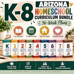 May include: A K-8 Arizona Homeschool Curriculum Bundle featuring nine colorful books labeled K through 8. The graphic includes text stating 36-Week Plans, All Subjects, Easy to Teach, and Arizona Edition, with icons for books, calendars, houses, and hearts.