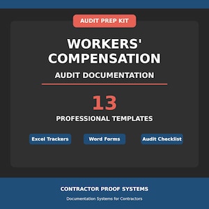 Puede incluir: Un gráfico gris oscuro con el texto "AUDIT PREP KIT" y "WORKERS' COMPENSATION AUDIT DOCUMENTATION". Incluye "13 PROFESSIONAL TEMPLATES" y botones para "Excel Trackers", "Word Forms" y "Audit Checklist". El texto inferior dice "CONTRACTOR PROOF SYSTEMS".