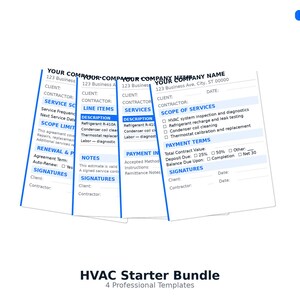 May include: A bundle of four professional HVAC templates, featuring forms for client information, service details, and payment terms. The forms have a white background with blue headings and text. The words "Instant Download" are in the top right corner.