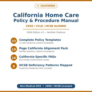 Puede incluir: Un manual titulado "California Home Care Policy & Procedure Manual" con el texto "CDSS / CCLD / HCSB ALIGNED". El manual incluye 33 plantillas de políticas completas, 19 páginas de California Alignment Pack, 16 preguntas frecuentes específicas de California y 9 patrones de deficiencia HCSB.