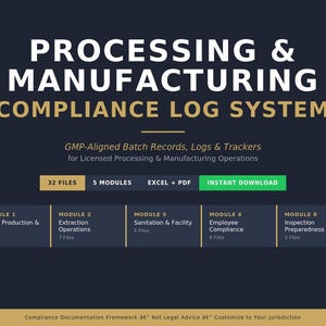 Könnte beinhalten: Dunkelblaue Grafik mit weißem und goldenem Text, der „PROCESSING & MANUFACTURING COMPLIANCE LOG SYSTEM“ lautet. Es enthält Informationen zu GMP-konformen Chargenaufzeichnungen, Protokollen und Trackern. Das Bild zeigt auch „Sofortiger Download“.